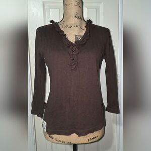 American Living Brown Ruffled Henley Top
